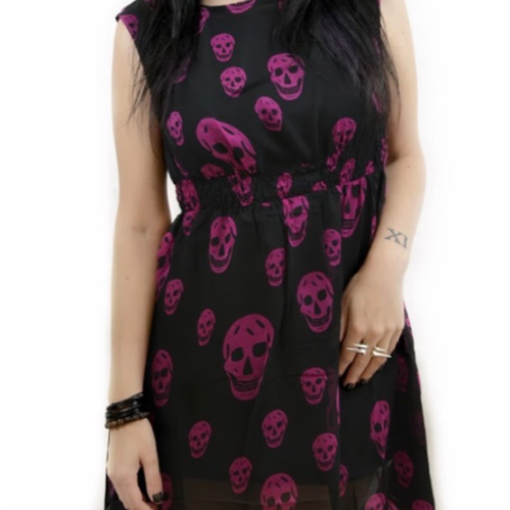 Sourpuss Black and Pink Skull High Low Dress